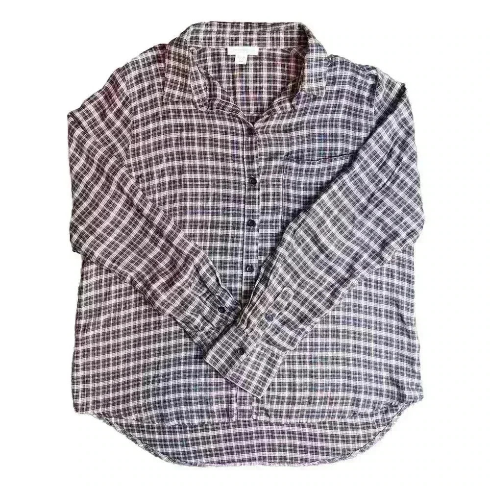Beach Lunch Lounge Sz XL Whitney Button-Up Plaid Shirt Tunic Burgundy Blue Cream